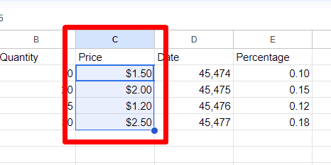 red rectangle highlights the price in column C