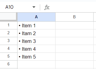 bullet points in selected cells before their values