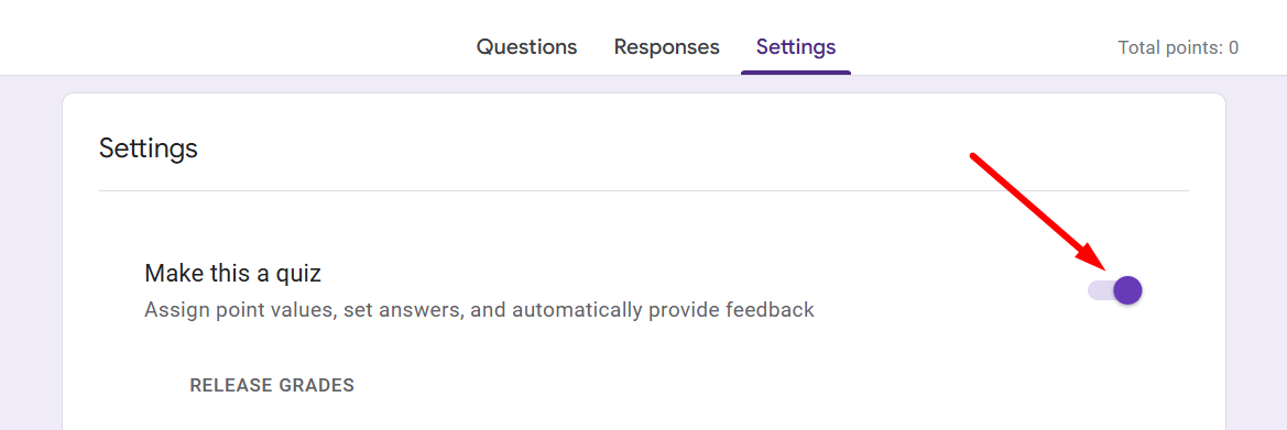 red arrow pointing to the “Make this a quiz” toggle