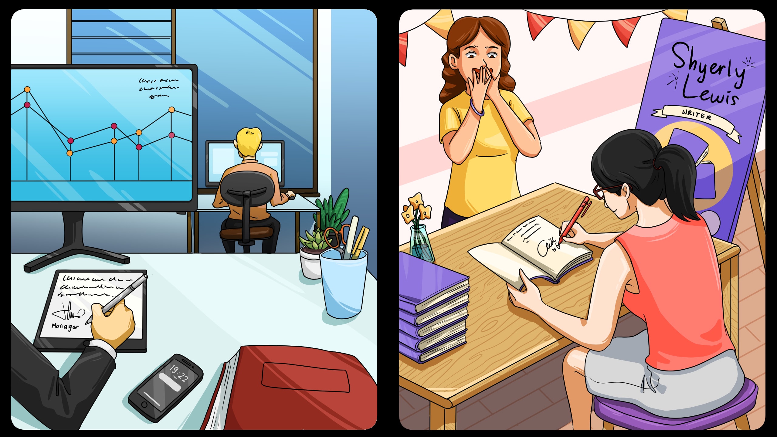 Split image, with left half showing signing a document on a tablet in an office environment; right half showing generic celebrity signing an autograph