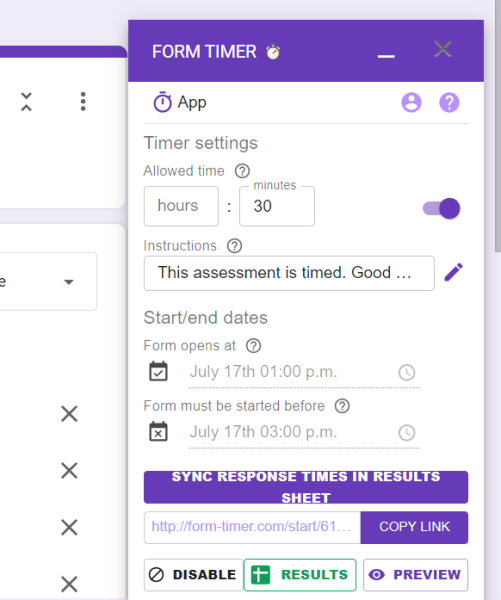form timer configuration settings