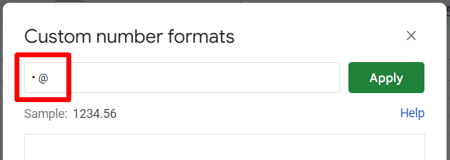 red rectangle highlights bullet point with at sign in Custom Number Format dialog box