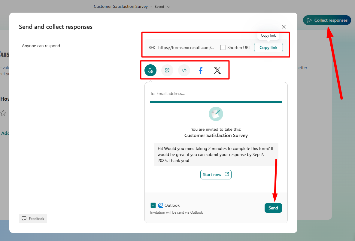 red arrow pointing to the “Collect Responses” tab in Microsoft Forms