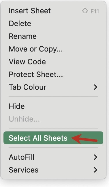 A red arrow pointing at the sheet selection option in the context menu