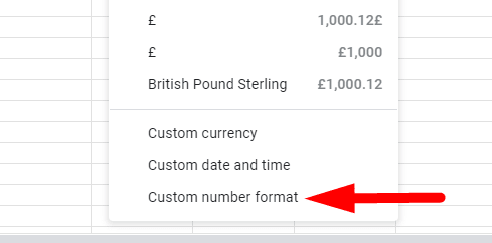 red arrow pointing to “Custom number format”