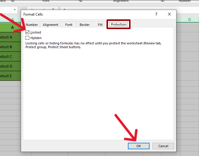 red arrow pointing to ‘Locked’ checkbox to lock all cells and another red arrow pointing to ‘OK’ button