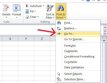 red arrow pointing to “Go To” under “Find & Select” tab