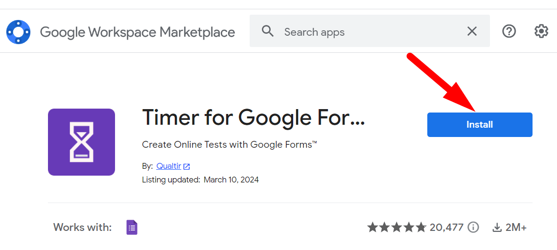 red arrow pointing to ‘Install’ button of “Form Timer”