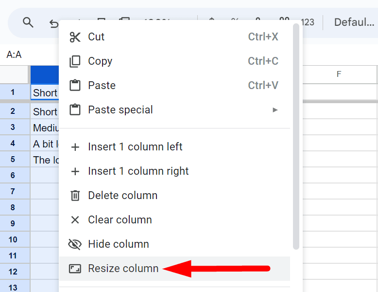 red arrow pointing to “Resize columns” in dropdown menu