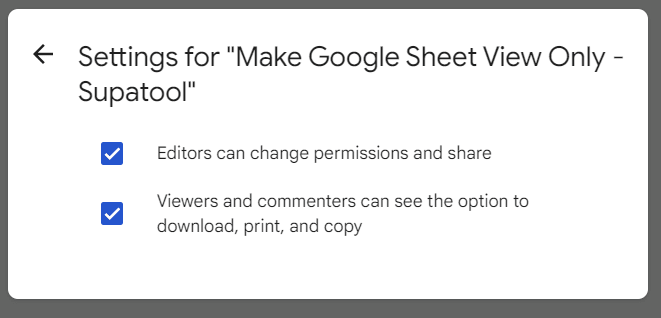 settings options for editors and viewers what they can do with the spreadsheet