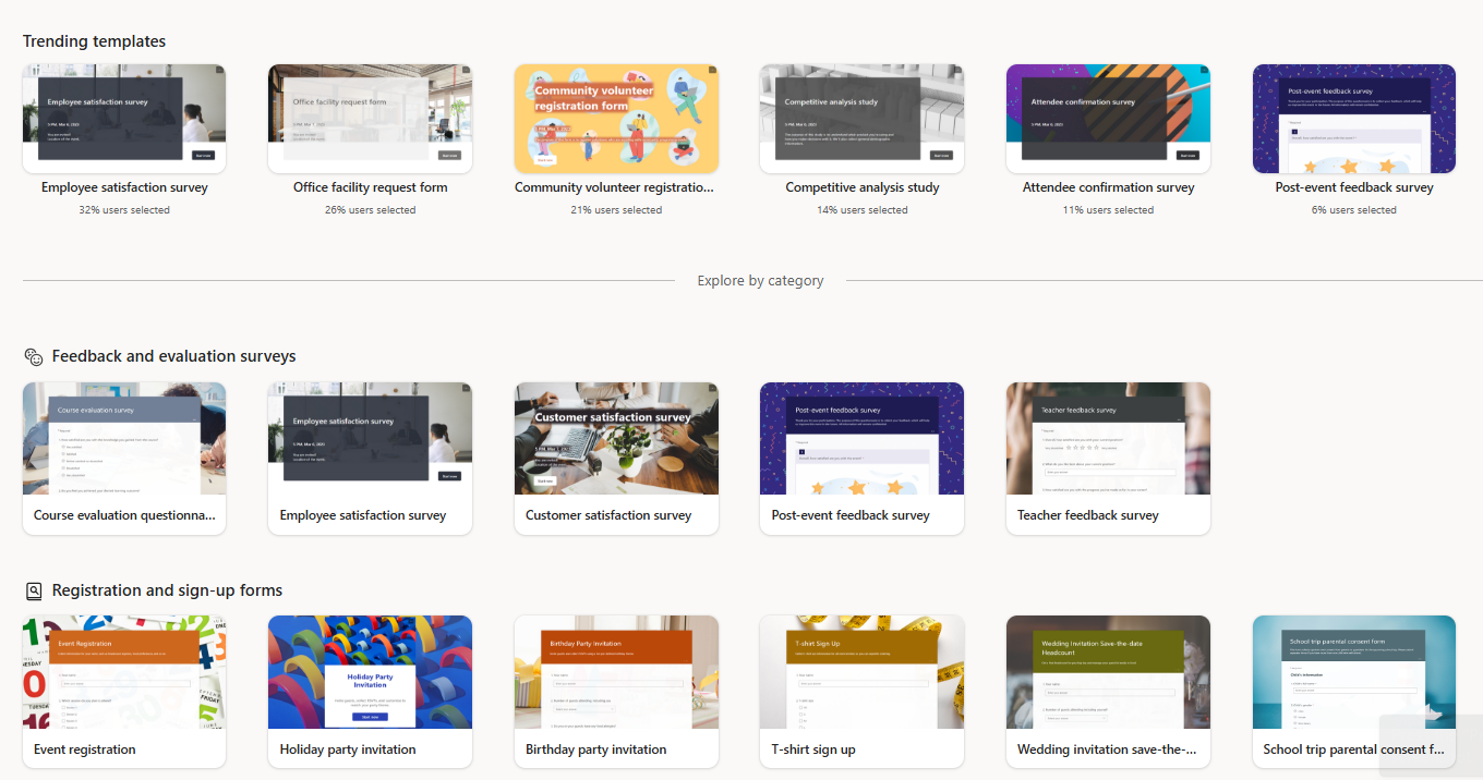 categorized templates in Microsoft Form’s Template Gallery