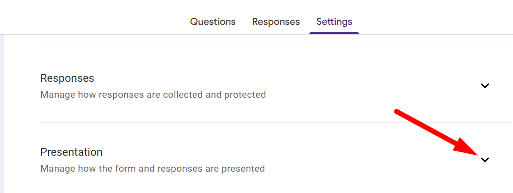 red arrow pointing to dropdown arrow after the ‘Presentation’ tab