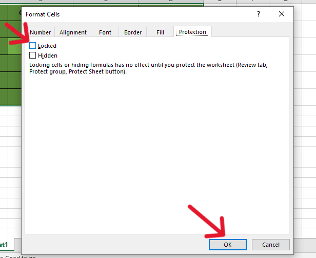 red arrow pointing to ‘Locked’ checkbox when it unchecked to unlock all cells and another red arrow pointing to ‘OK’ button