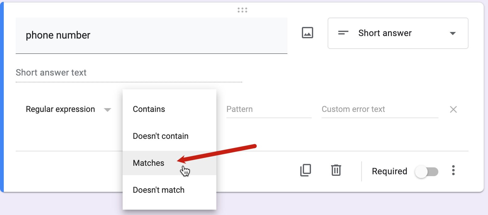 Red arrow pointing to "Matches" operator for regular expression building