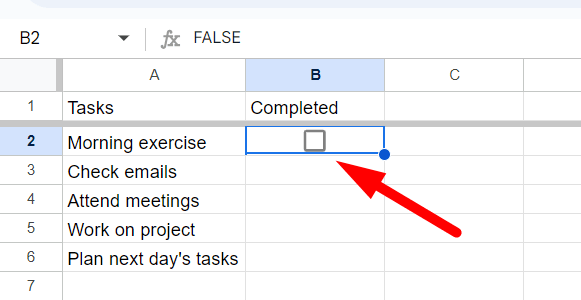 red arrow pointing to a cell with checkbox