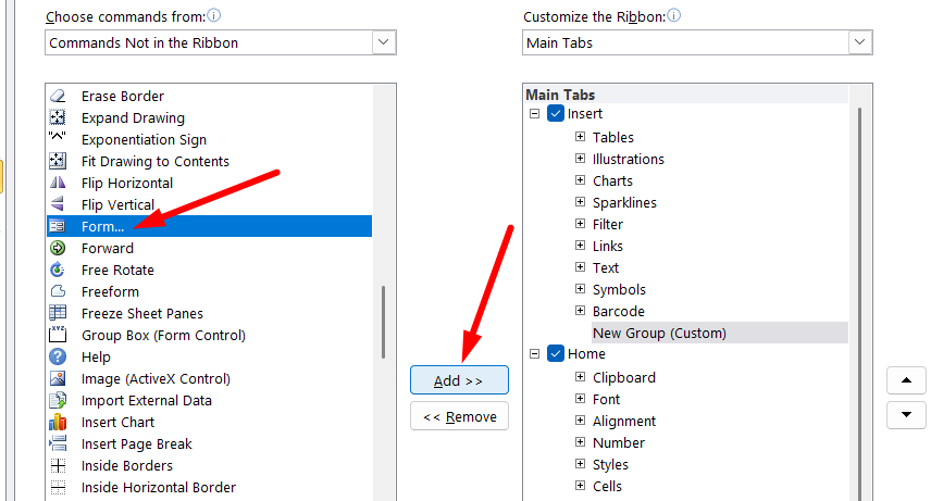 red arrow pointing to the ‘Add’ button to add the Form in the toolbar
