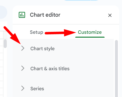 a red arrow pointing to ‘Customize’ and another red arrow pointing to “Chart style”