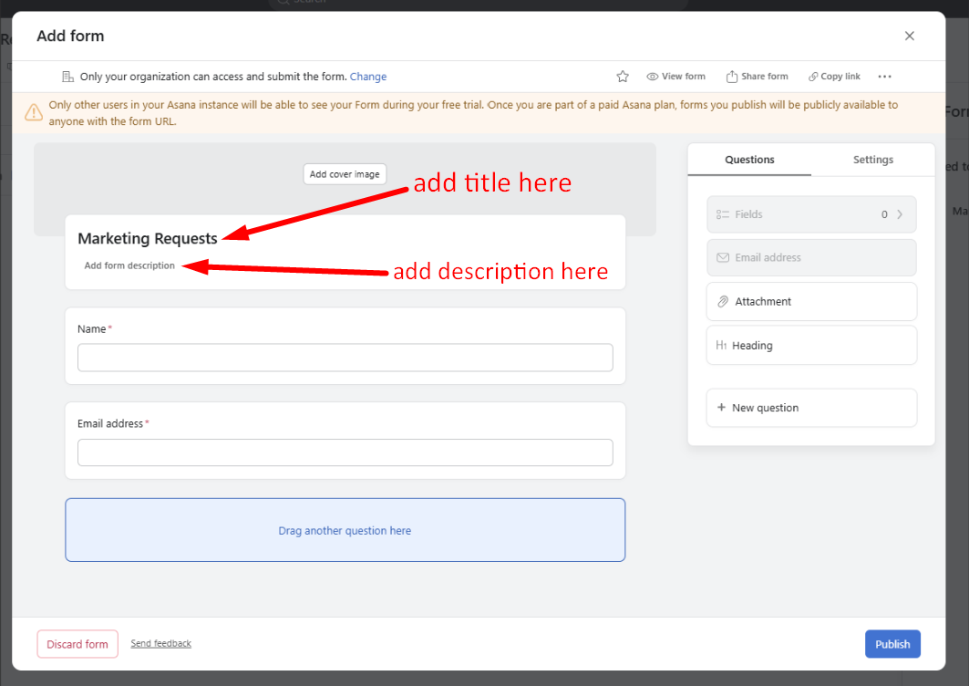 red arrows pointing to form title & form description