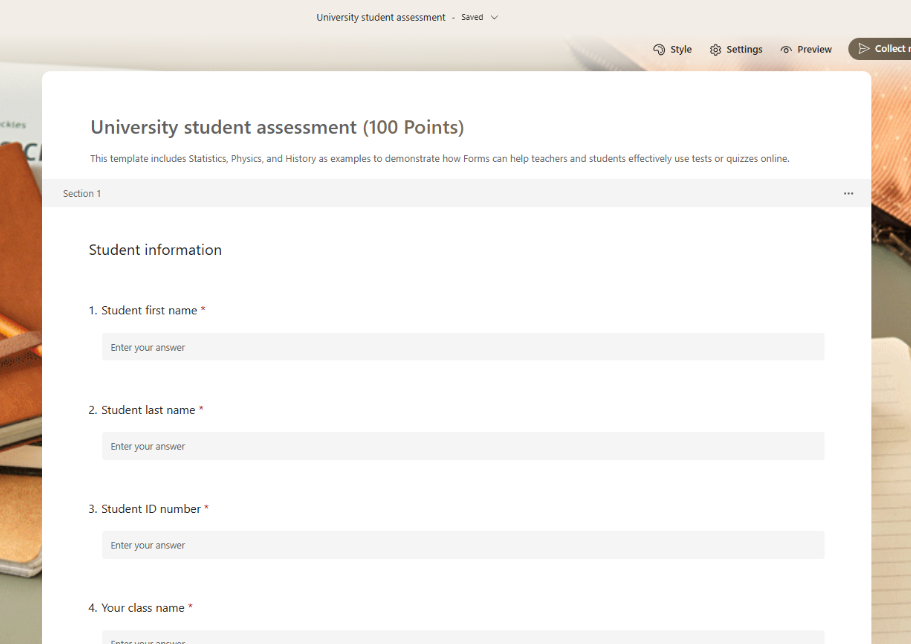 University Student Assessment Template
