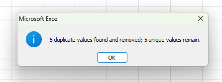screenshot of an Excel file after remove the duplicates