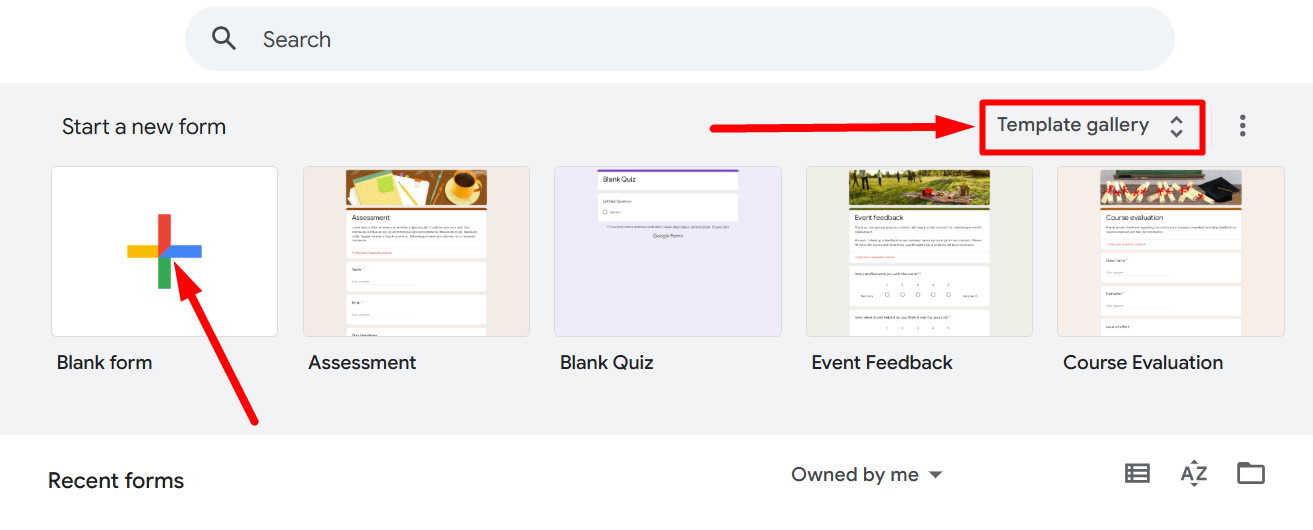 red arrow pointing to the ‘Blank’ form icon and “Template gallery