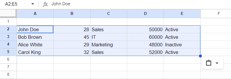 screenshot of selected cells in google sheet after pasting