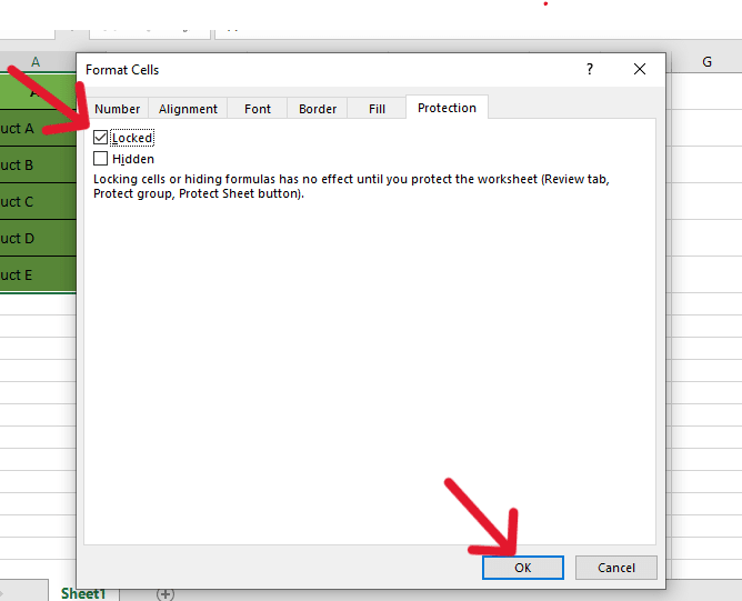red arrow pointing to ‘Locked’ checkbox when it checked to lock selected cells and another red arrow pointing to ‘OK’ button