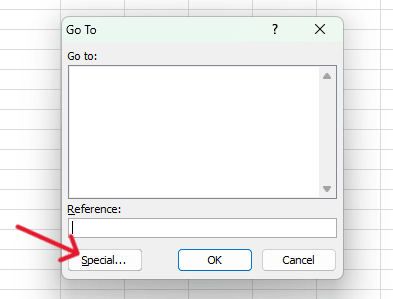 red arrow pointing to ‘Special’ button In the “Go To” dialog box