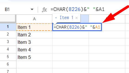 red arrow pointing to CHAR function in a cell