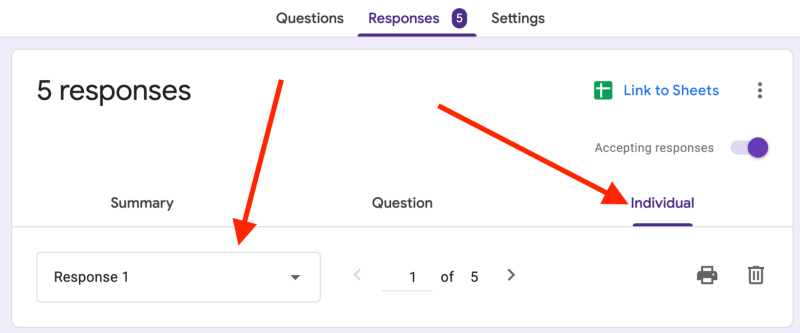 red arrow pointing to individual responses tab