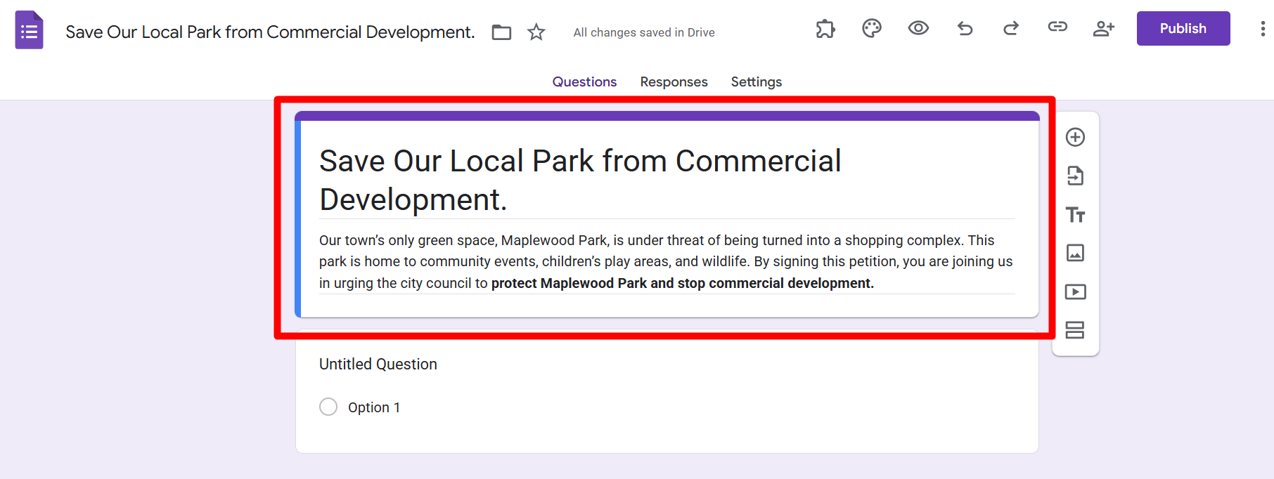 red rectangle highlights the form title and the description 