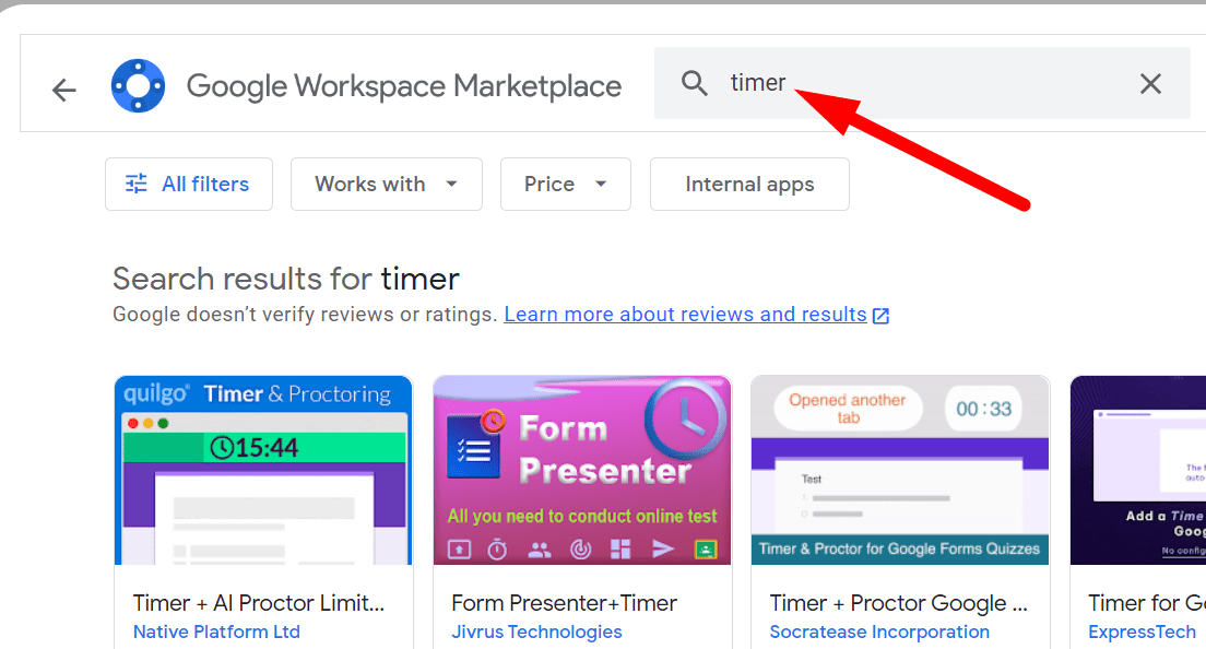 red arrow pointing to timer in Google Workspace Marketplace