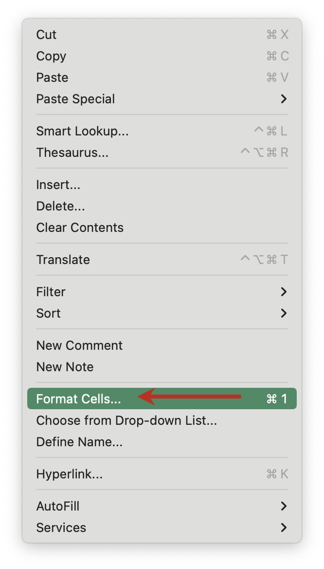 A red arrow pointing at format cells option in the context menu