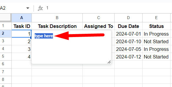 red arrow pointing to “type here” to insert note (2)