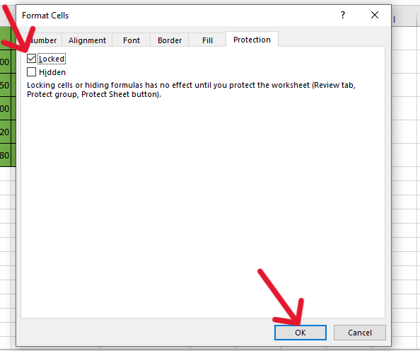 red arrow pointing to ‘Locked’ checkbox when it checked to lock the formula cells and another red arrow pointing to ‘OK’ button