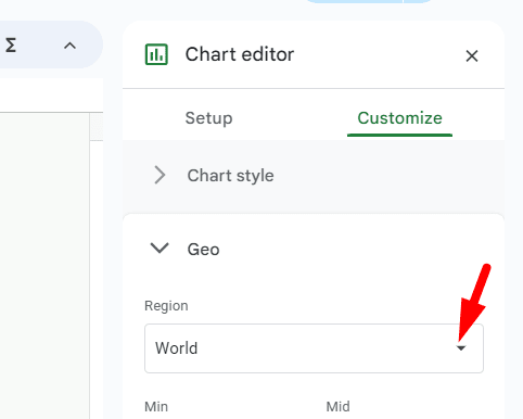 red arrow pointing to dropdown arrow for select the region
