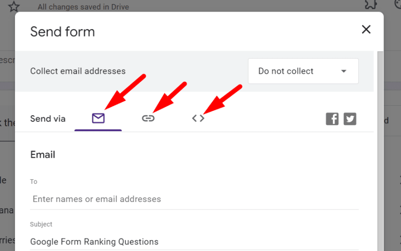 three red arrow respectively pointing to the email icon, link icon, and embed in website icon in a google form
