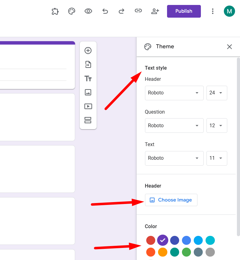 red arrows pointing to the Text style, Header and color under the Theme settings in the Google form