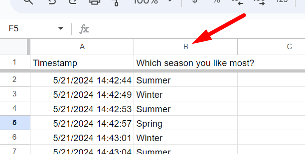 red arrow pointing to column B tilted “Which season you like most” in google sheet