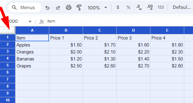 red arrow pointing to the rectangle at the top-left corner of google sheet