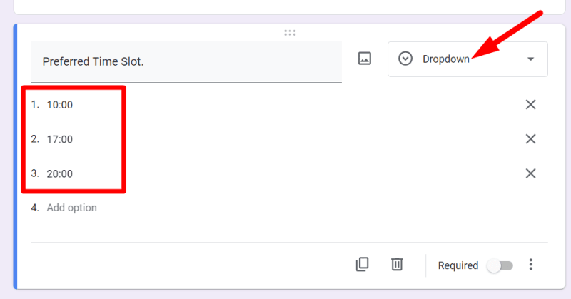 red arrow pointing to ‘Dropdown’ in question field