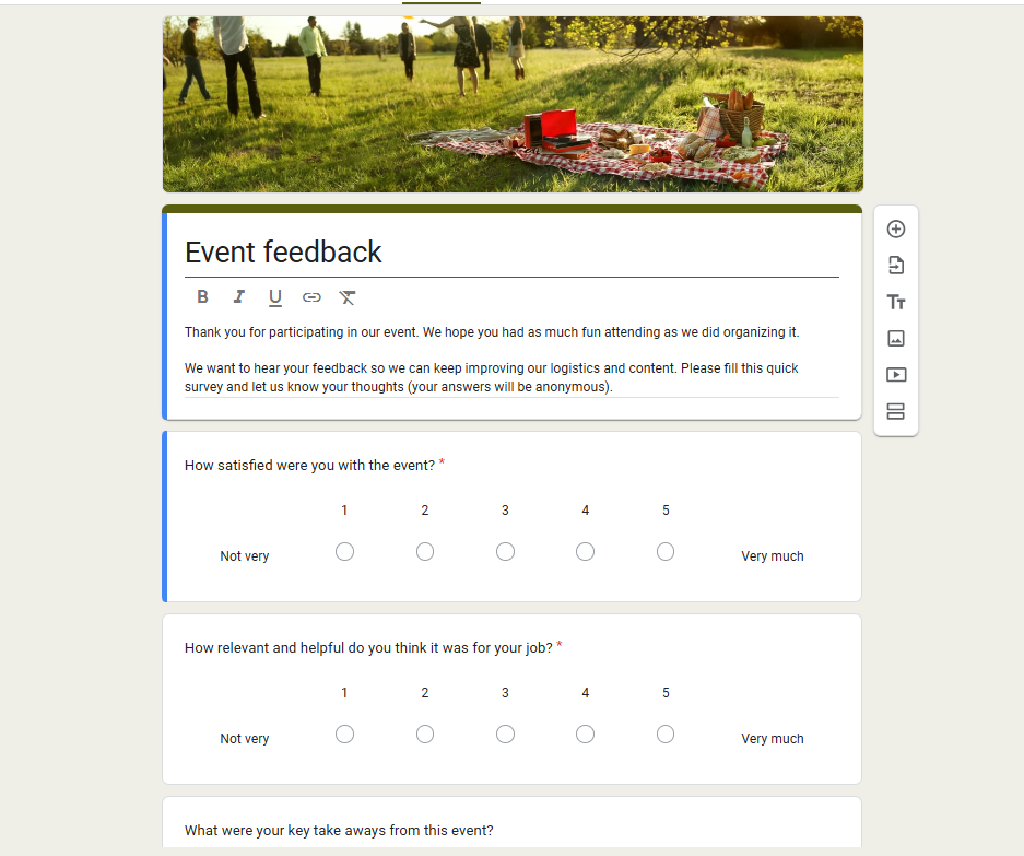 Event Feedback Form template of Google form