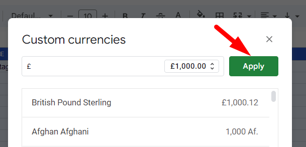 red arrow pointing to ‘Apply’ in Custom Currency window
