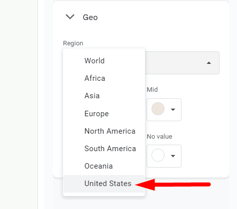red arrow pointing to “United States” in dropdown menu
