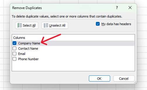 red arrow pointing to "Company Name" when its seleced