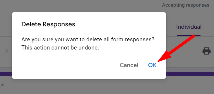 red arrow pointing to ‘OK’ to confirm all responses deletion
