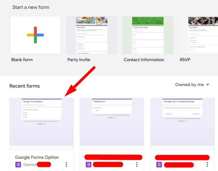 red arrow pointing to an existing form in google forms
