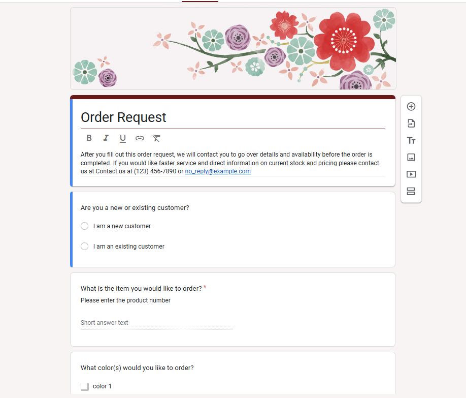 Order Form template of Google form