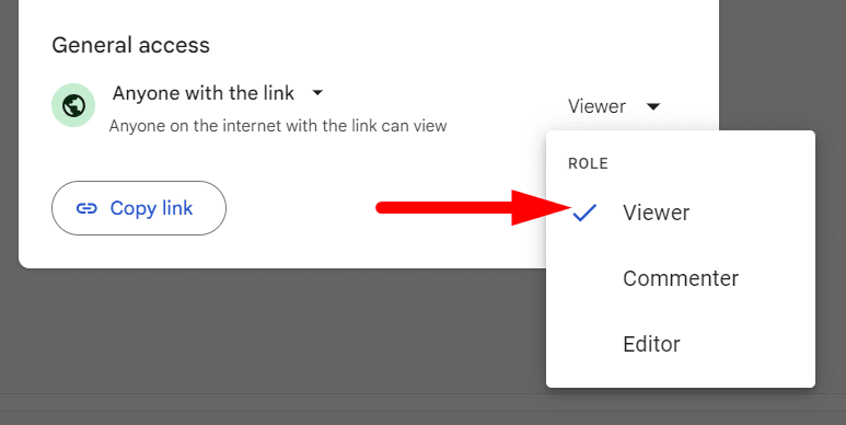 red arrow pointing to ‘Viewer’ as a role for anyone who has the link