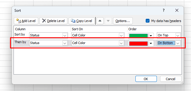 red rectangle highlights the new level in Sort dialog box